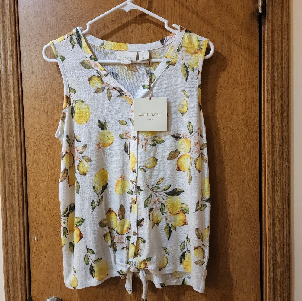 Women's Lemon Print 100% Linen Top CYNTHIA ROWLEY Sleeveless Size S